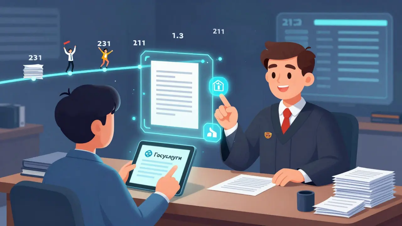 Гражданин подаёт иск через планшет, документы превращаются в цифровые иконки.