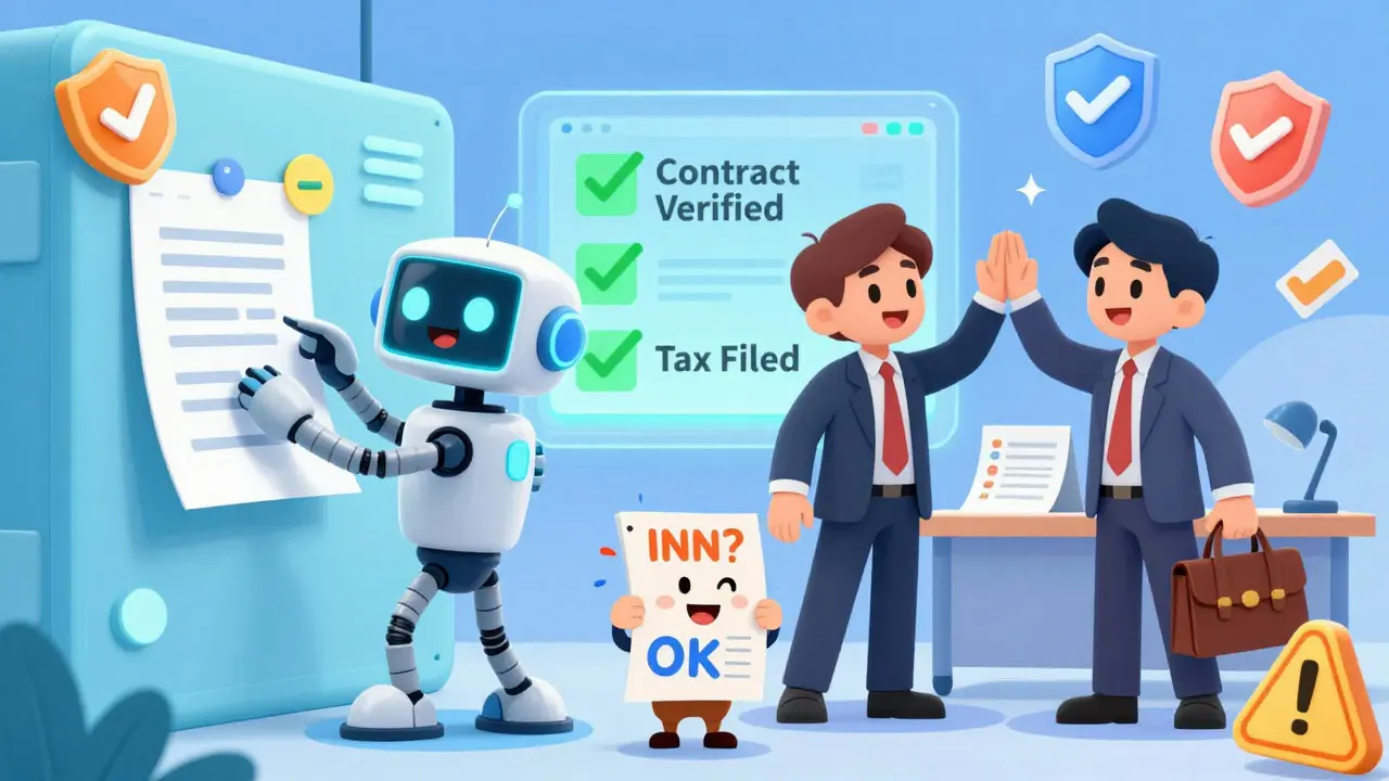 ИИ и человек вместе проверяют документы, вокруг — зеленые галочки и предупреждения в мультяшном стиле.
