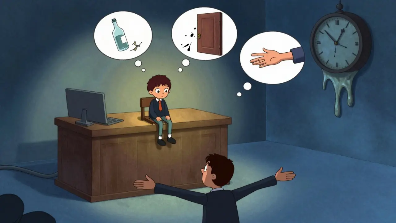 Ребёнок говорит судье, над ним — воспоминания, родитель протягивает руки, стиль искажённой анимации.