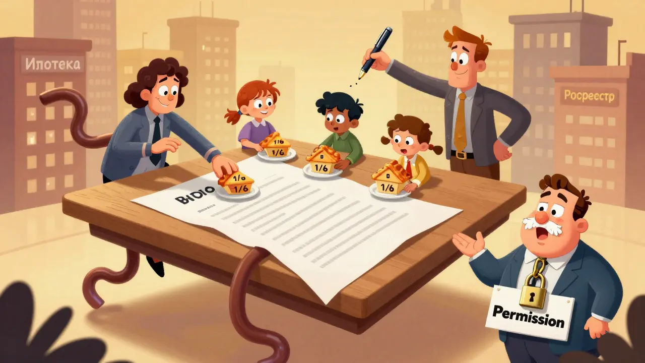 Семья подписывает соглашение о выделении долей детям, даже при ипотеке, в забавном стиле.