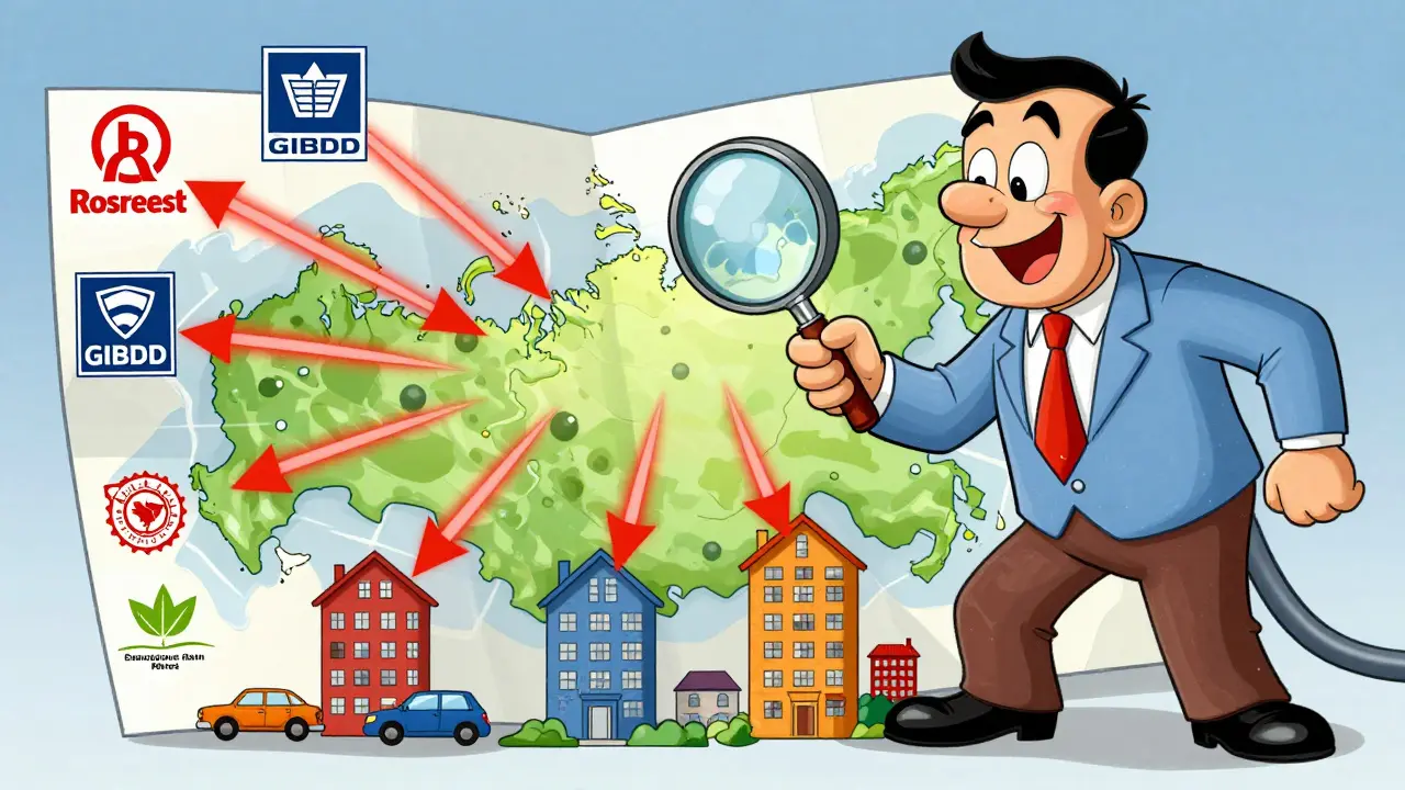 Сотрудник МФЦ обнаруживает скрытое имущество с помощью карт и иконок государственных служб в ярком мультяшном стиле.