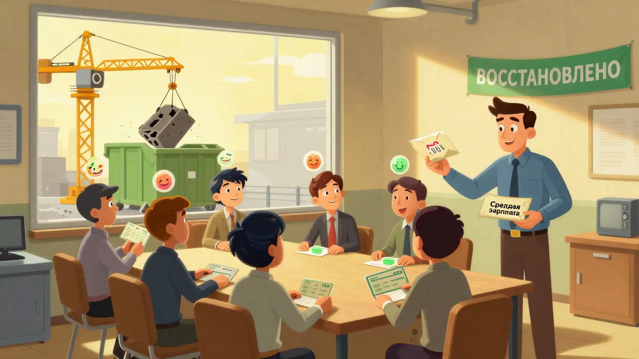 Сотрудники получают зарплату во время закрытия бизнеса, на заднем плане — ремонт и надпись 'Восстановлено'.