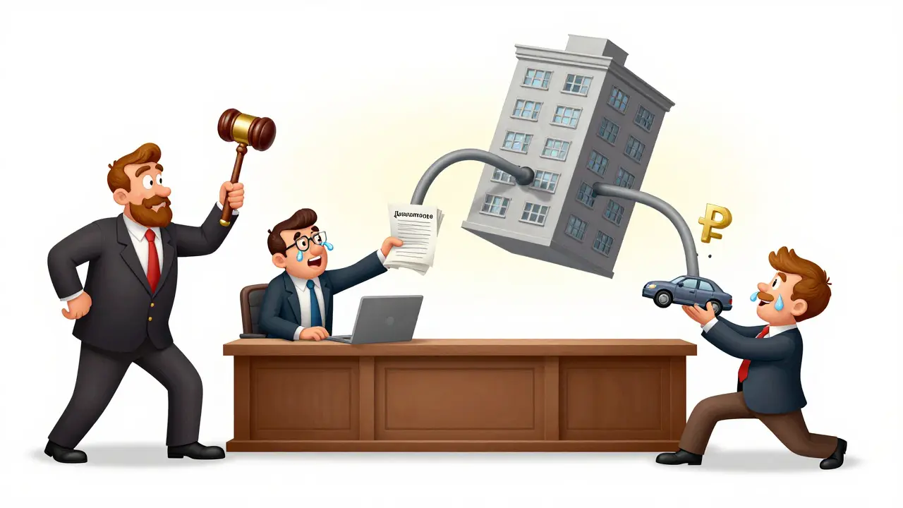 Спор в суде: два наследника тянут за квартиру, как за резиновую трубу, а адвокат тянется, держа доказательства.