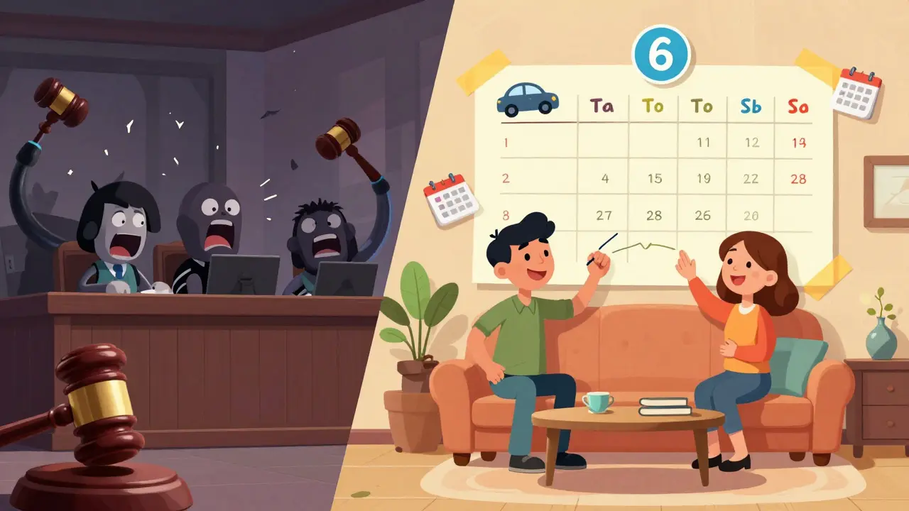 Сравнение: хаотичный суд слева и спокойная договорённость справа с рисунком на стене.