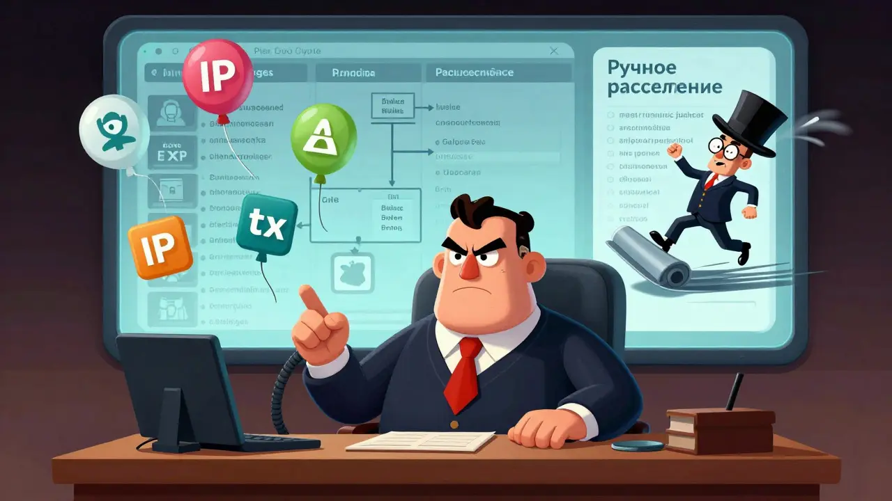 Судья окружён цифровыми иконами дел, а ручное распределение уносится в вакуум.