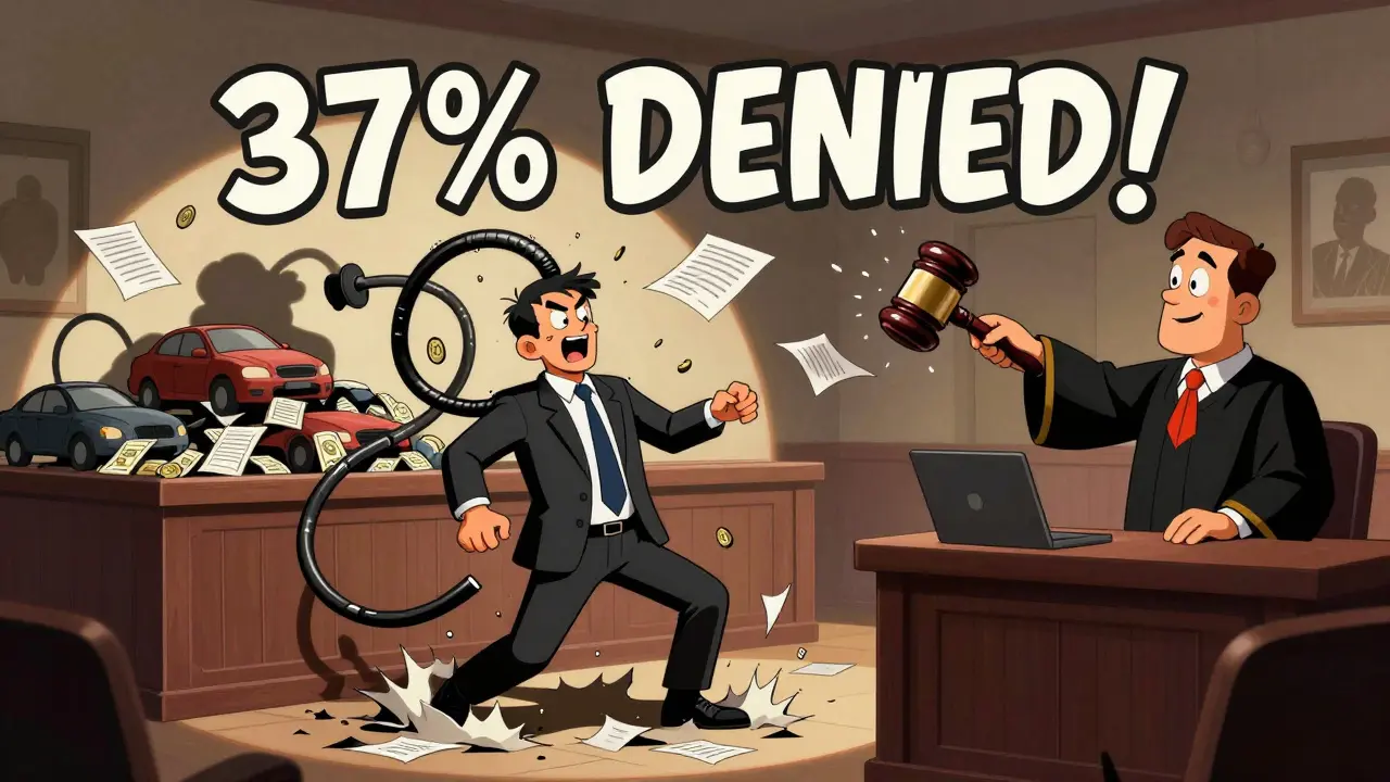 Судья разбивает гavel, превращая скрытые активы в монстра, а должника — в рваную одежду в стиле резиновой анимации.