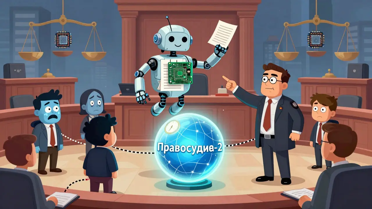 Судья — робот из документов, а все участники процесса связаны с системой 'Правосудие-2'.