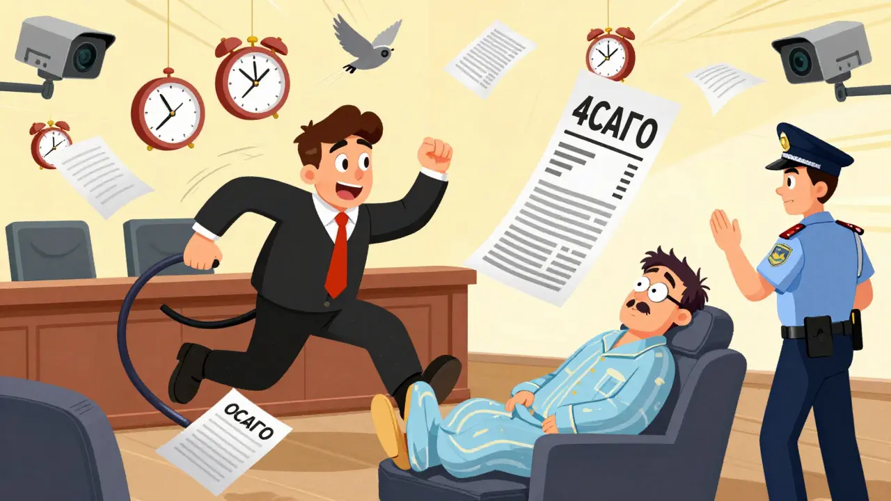 Судья спешит вынести решение за 48 часов, вокруг — копии штрафов и вращающиеся часы.