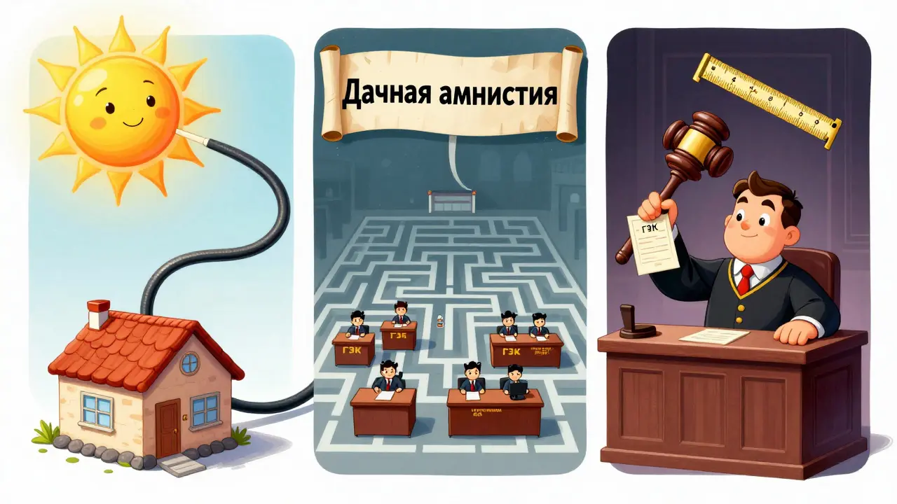 Три пути легализации дома: дачная амнистия, комиссия и суд — все изображены как в мультфильме.