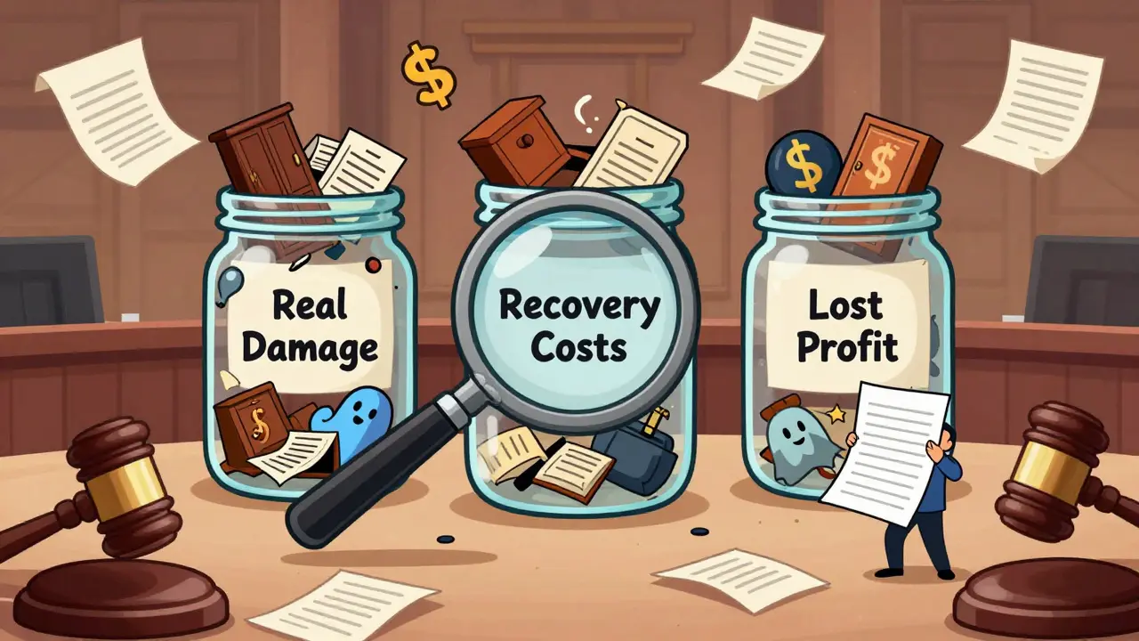 Юрист с лупой смотрит на три банки с убытками: реальный ущерб, расходы и упущенная выгода.