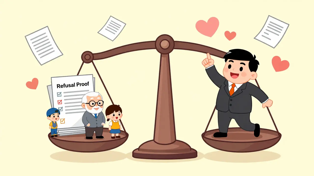 Юрист уравновешивает вес нуждающихся на юридических весах с документами.