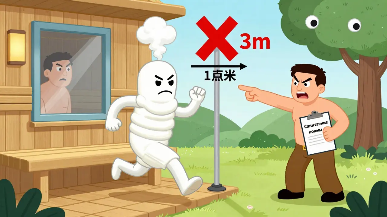 Баня убегает от окна соседа, надпись '1 метр' с красным крестом и предупреждением '3 метра'
