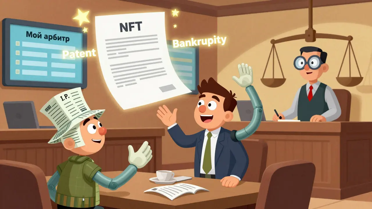 Бизнесмен и ИП спорят над летающим договором, судья с лупой-весами наблюдает.