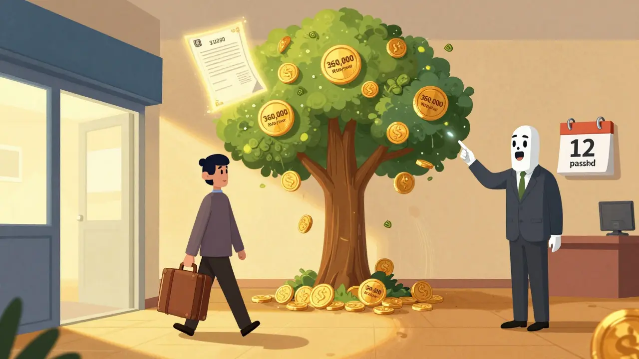 Бывший сотрудник и дерево денег, растущее из офиса, символизирующее ежегодные выплаты