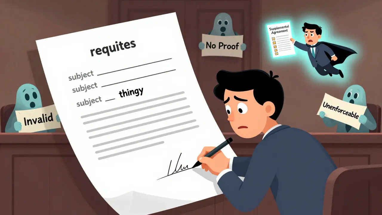 Человек подписывает договор с пропущенными деталями, пока призраки суда появляются с табличками 'Недействительно' и 'Нет доказательств'.