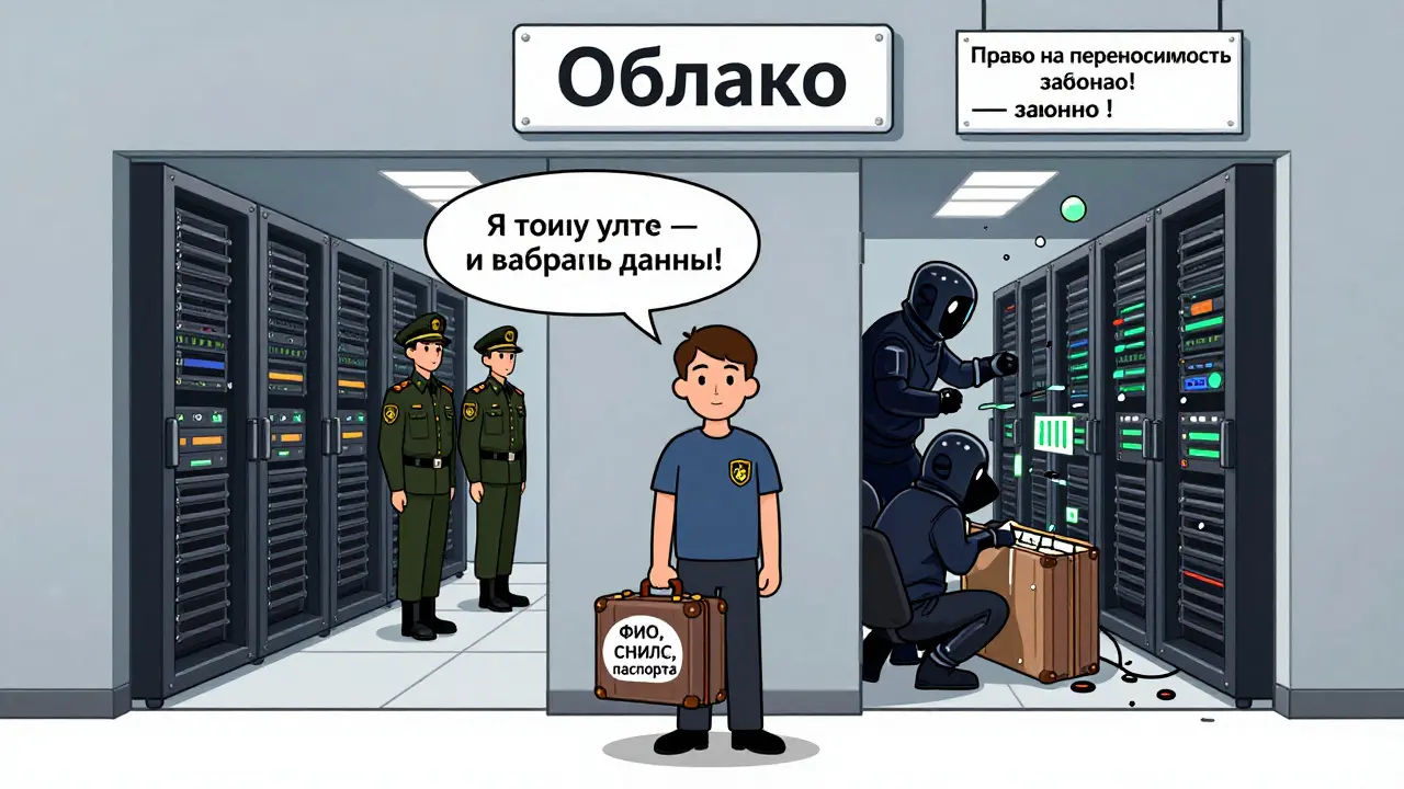 Человек пытается выйти из облака с данными, в то время как один путь безопасен, а другой — уязвим для хакеров.