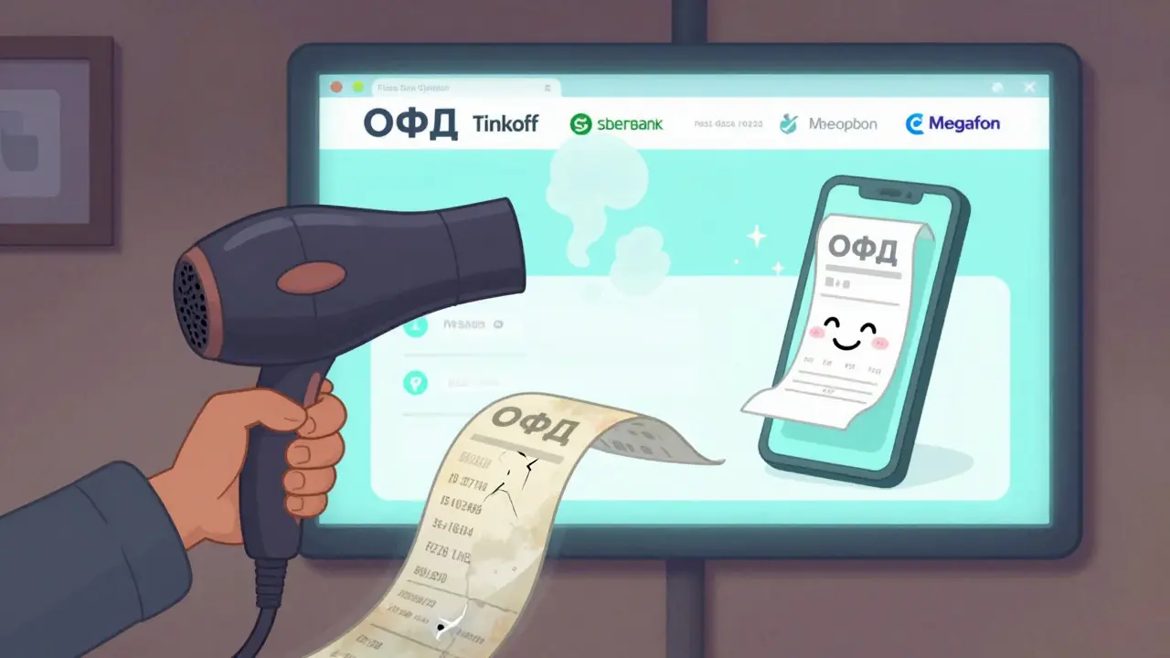 Человек восстанавливает выцветший чек феном, на экране появляется электронный чек.