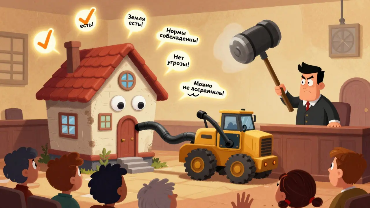 Дом на суде смотрит на бульдозер, вокруг — пять зеленых галочек, судья с молотком.