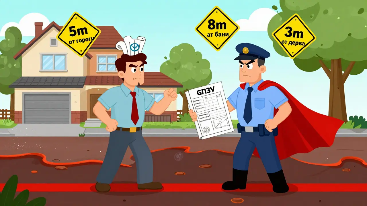 Домовладелец и инспектор стоят на красной линии, вокруг — знаки с требованиями отступов
