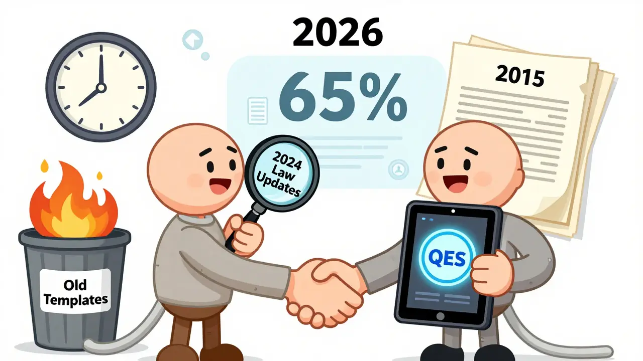 Два персонажа подписывают цифровой договор под взглядом часов, указывающих на 2026 год, старые шаблоны горят в корзине.