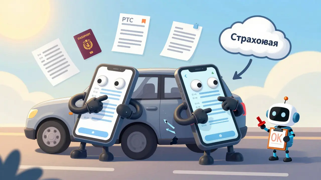 Два водителя совместно заполняют цифровой протокол ДТП, данные передаются в облако страховой компании.