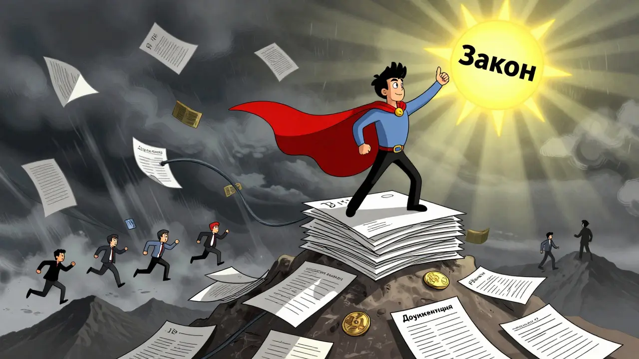 Герой стоит на горе документов, защищаясь от шторма долгов и исков.