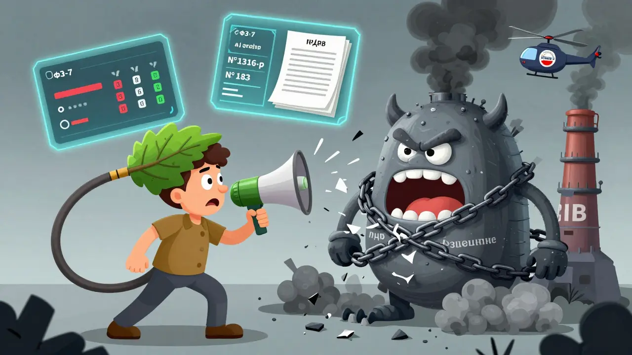 Гражданин борется с загрязняющим заводом, а над ними летят данные о качестве воздуха и законы.