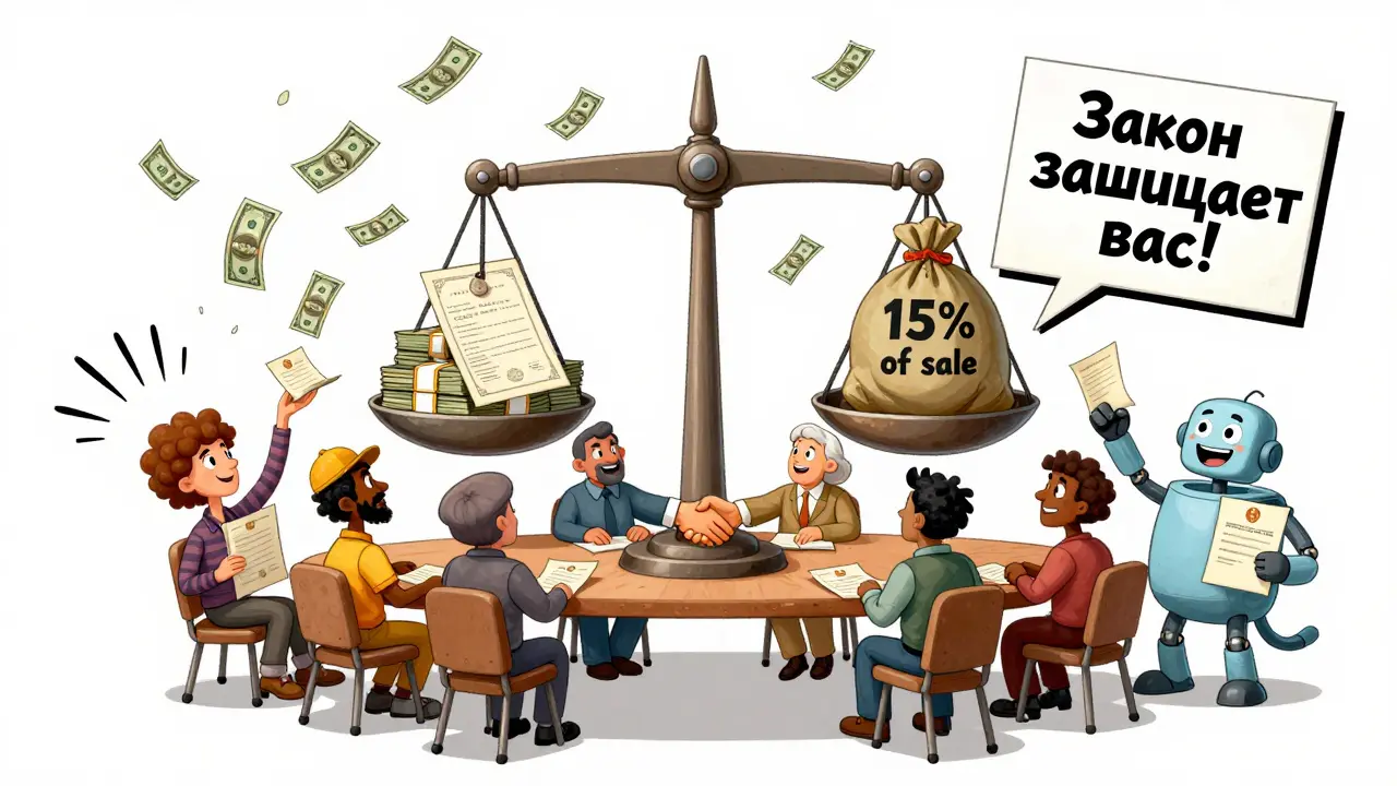 Группа изобретателей с весами, сравнивающими зарплату и вознаграждение за изобретение