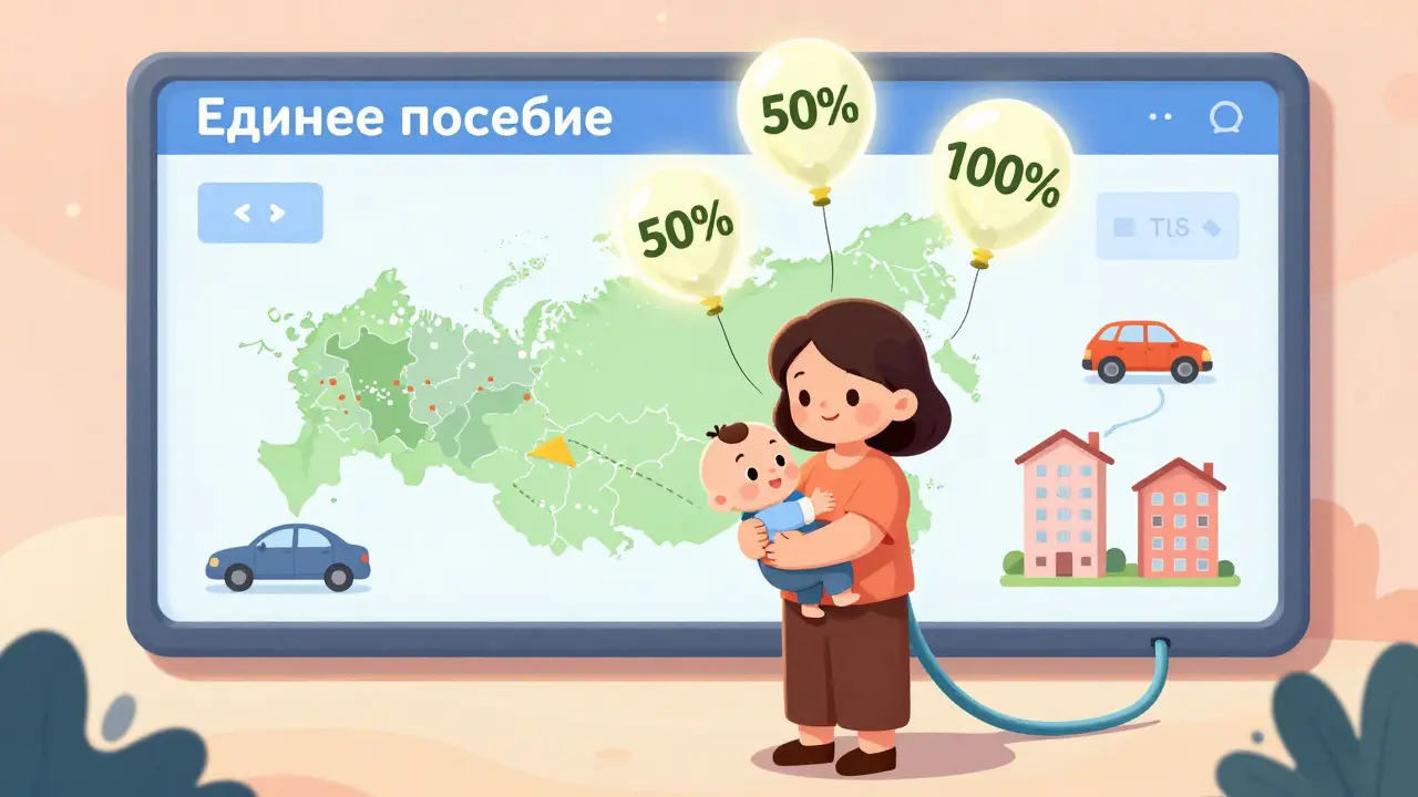 Мать с ребёнком смотрит на экран с тремя уровнями пособия, за ней — карта России и уменьшающиеся машины.