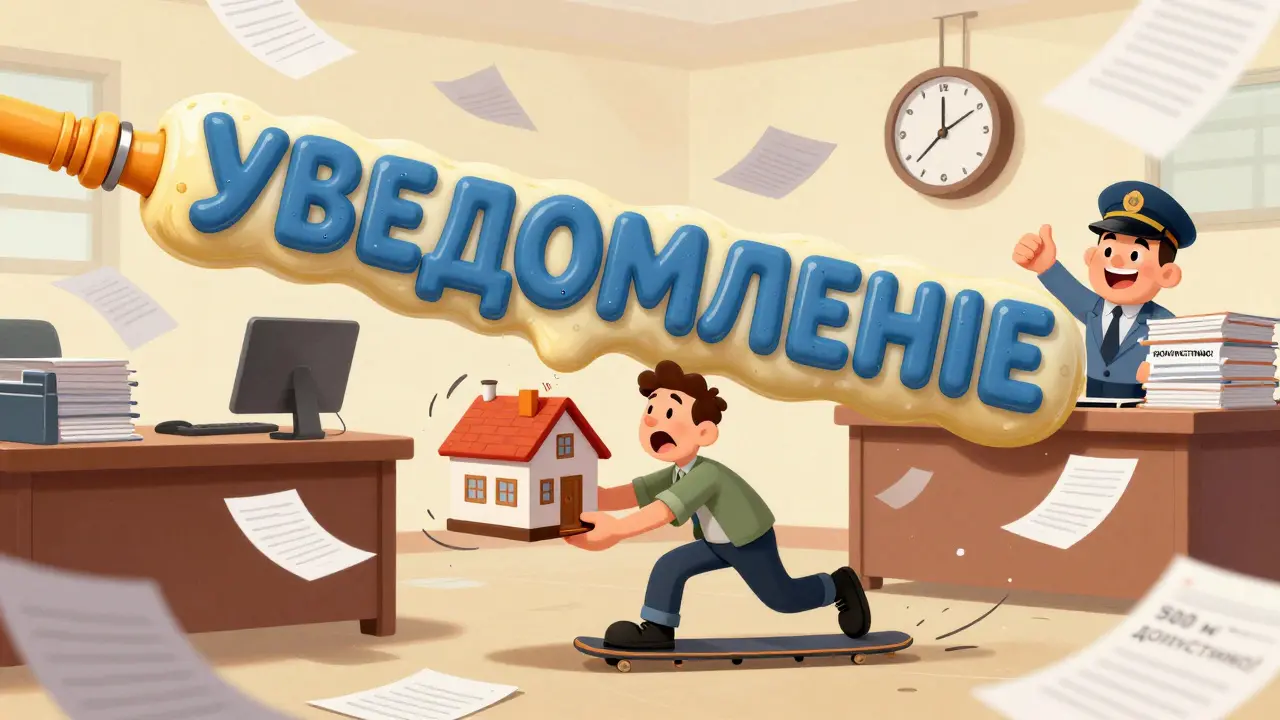 Мужчина подает уведомление на строительство дома, рядом — огромная форма и доброжелательный чиновник.