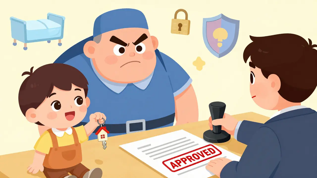 Нотариус печатает разрешение на сделку с имуществом ребёнка, рядом — защитник и детская игрушка.