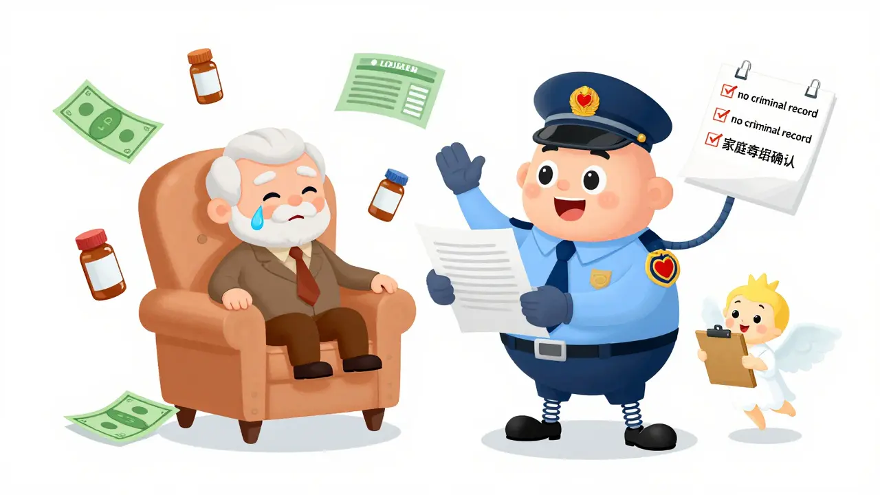 Орган опеки проверяет документы, пожилой человек спокоен, рядом лекарства и деньги.