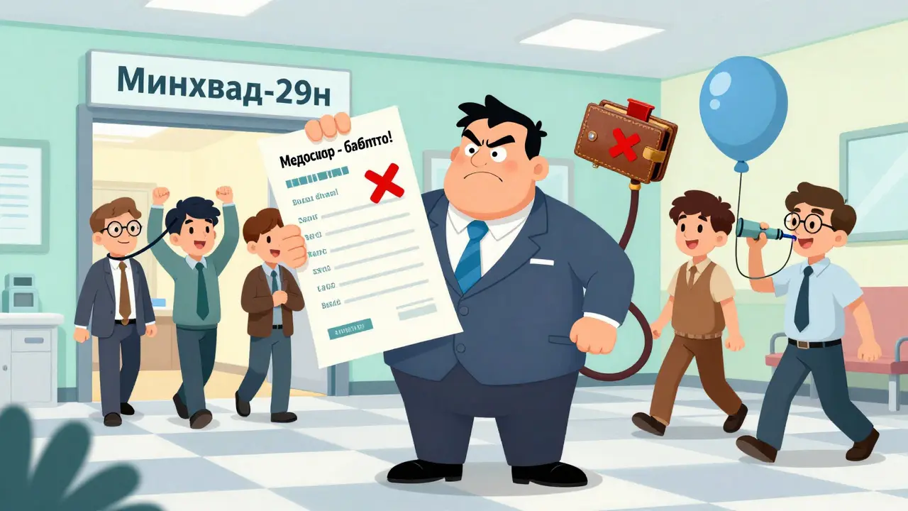 Работники весело проходят медосмотр в яркой клинике, работодатель пытается взять деньги, но это запрещено.