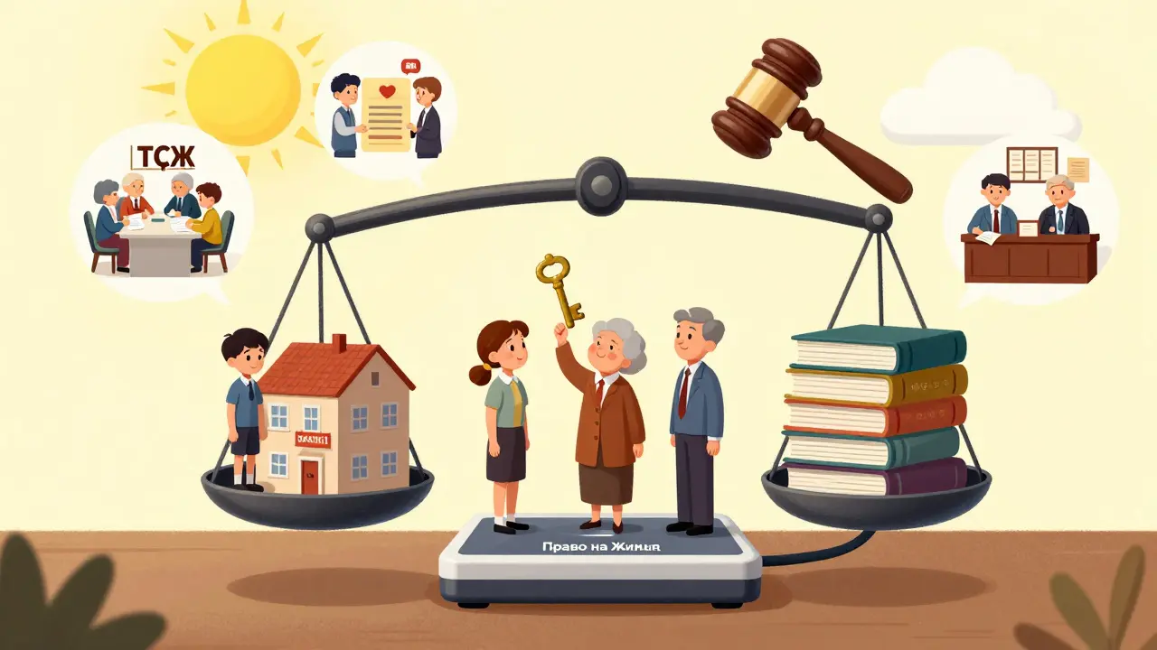 Разнообразная группа людей на весах с законами, балансируемыми судьей, символизирующая право на жильё.