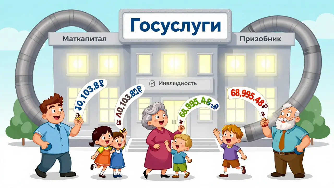 Разные опекуны получают ежемесячные выплаты через портал 'Госуслуги', вокруг них — символы детских пособий.