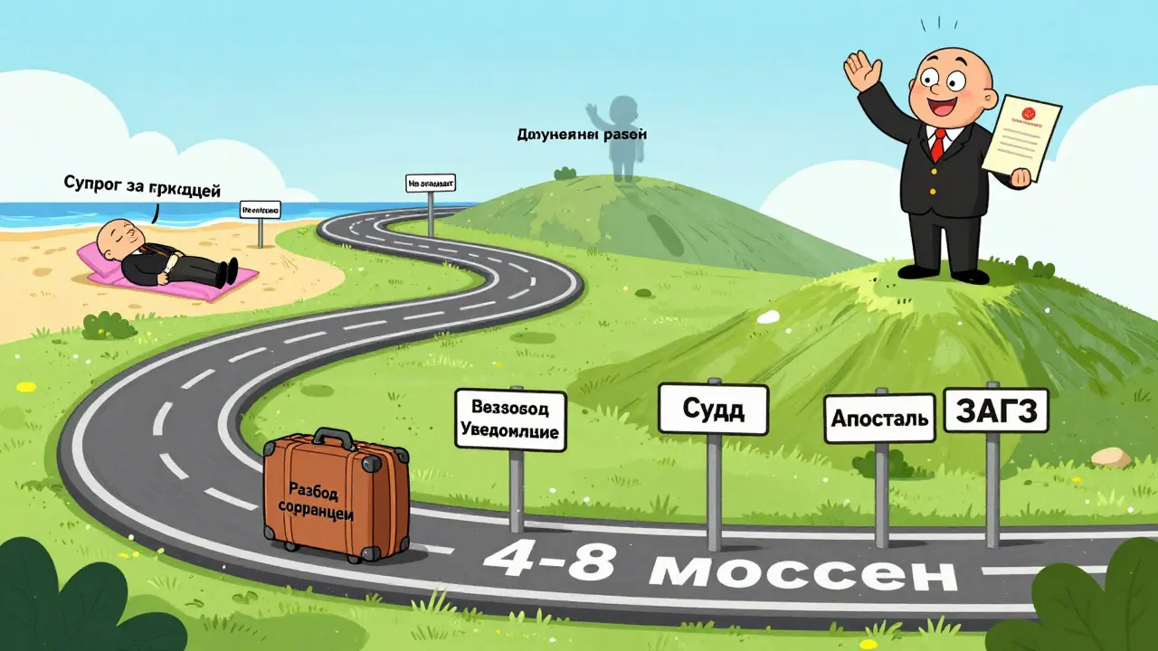Развод в дороге — чемодан проходит через контрольные пункты, судья машет, супруг спит на пляже.