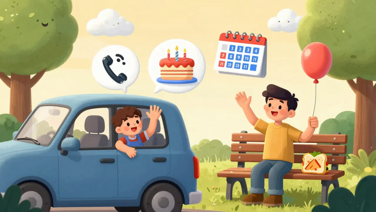 Ребёнок прощается с одним родителем и встречается с другим в парке.