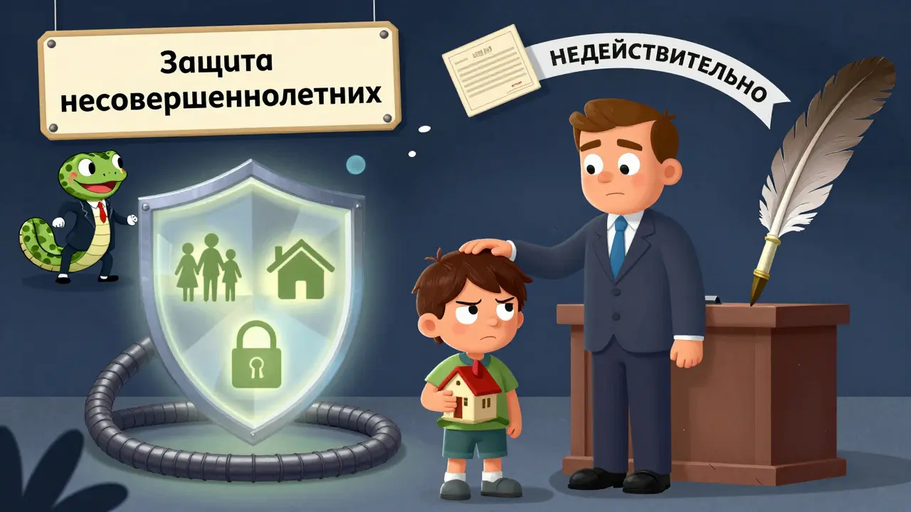 Ребёнок с игрушечным домом стоит рядом с нотариусом, над ними светится щит защиты, а мошенник убегает с поддельным договором.