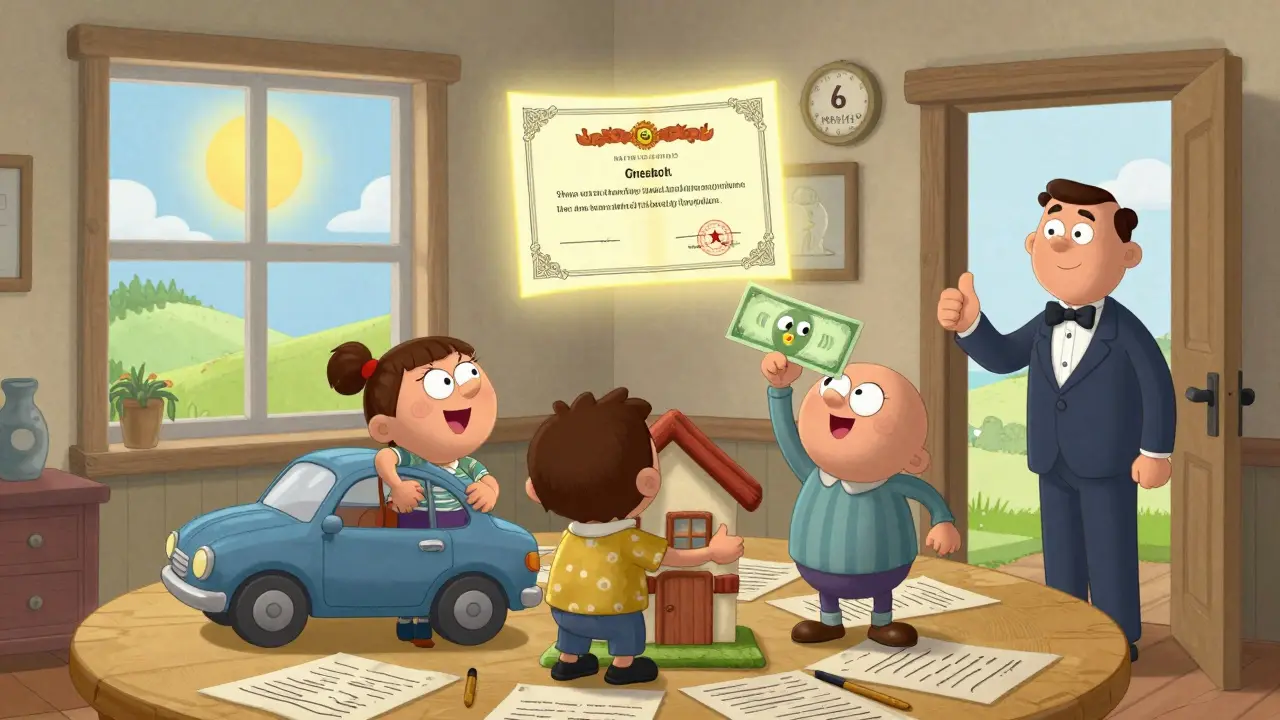 Семья получает свидетельство о праве на наследство и оформляет имущество.