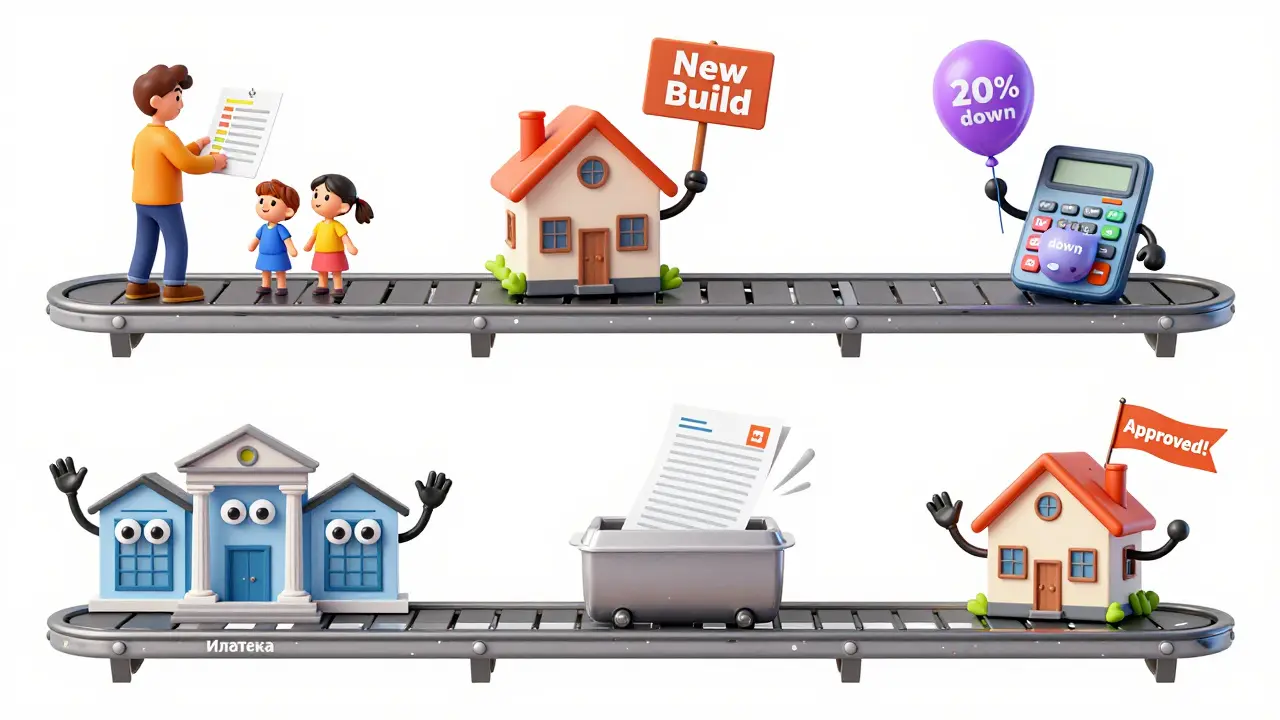 Шесть этапов оформления ипотеки изображены как движущийся конвейер с веселыми персонажами.