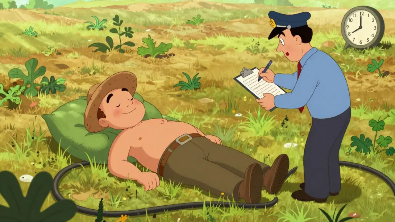 Спящий фермер на заросшем поле, чиновник забирает участок за неиспользование.