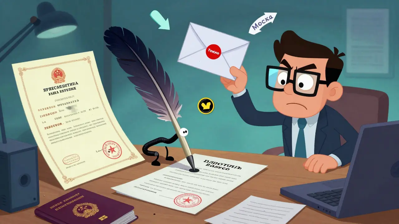 Стол с международными документами, перо сортирует бумаги, конверт летит в Токио с апостилем.