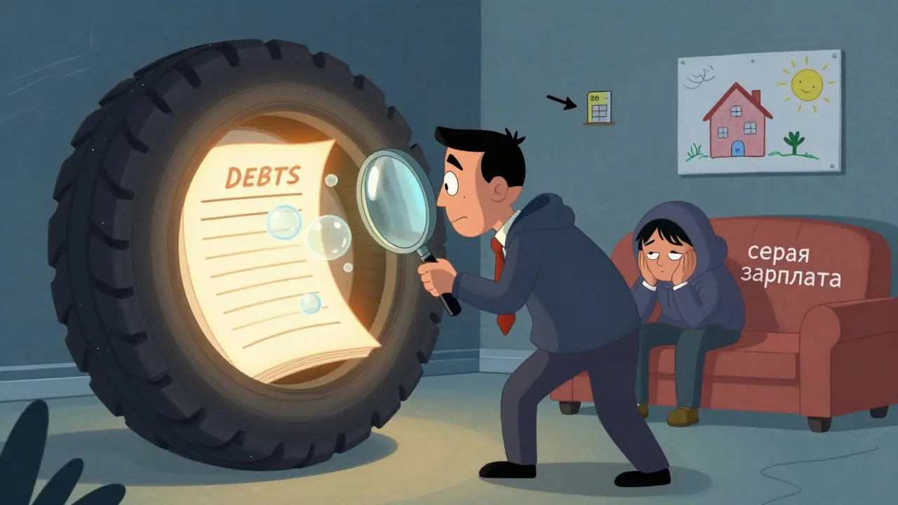 Судебный пристав расследует скрытые доходы, ребенок рисует дом с солнцем.