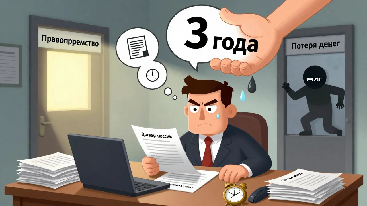 Юрист пытается подать документы, пока таймер '3 года' истекает.