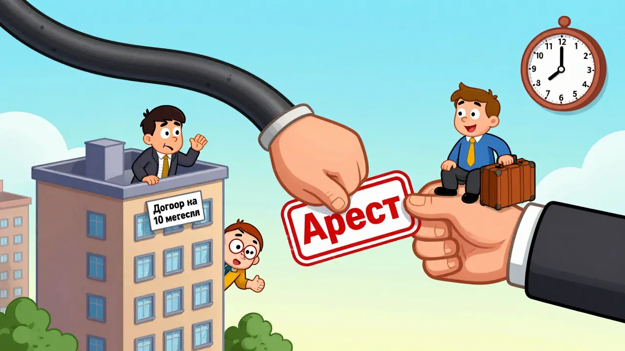 Арест на квартире, продавец пытается скрыть договор аренды, арендатор спокойно сидит на крыше.