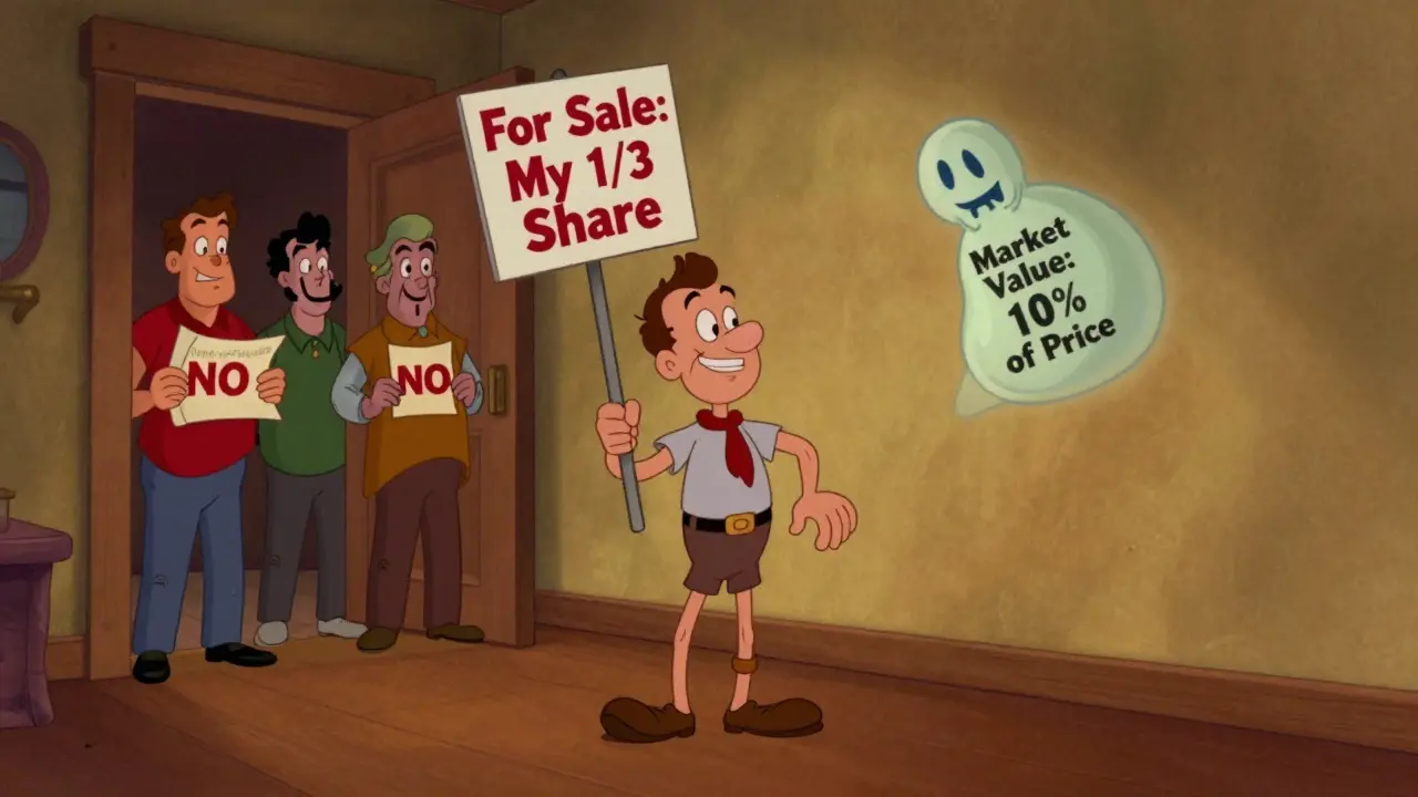 Человек пытается продать долю, но соседи отказываются, а деньги улетают.