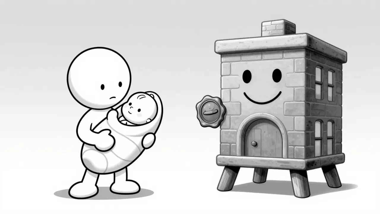 Чередование человека с младенцем и здания с ногами, символизирующее субъекты права.