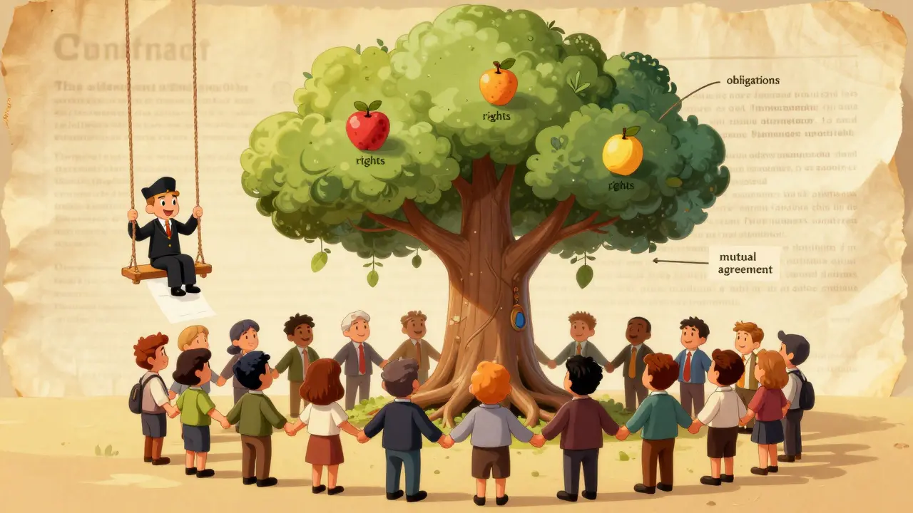 Договор как живое дерево с корнями из условий, плодами прав и обязанностей, вокруг — люди разных ролей.