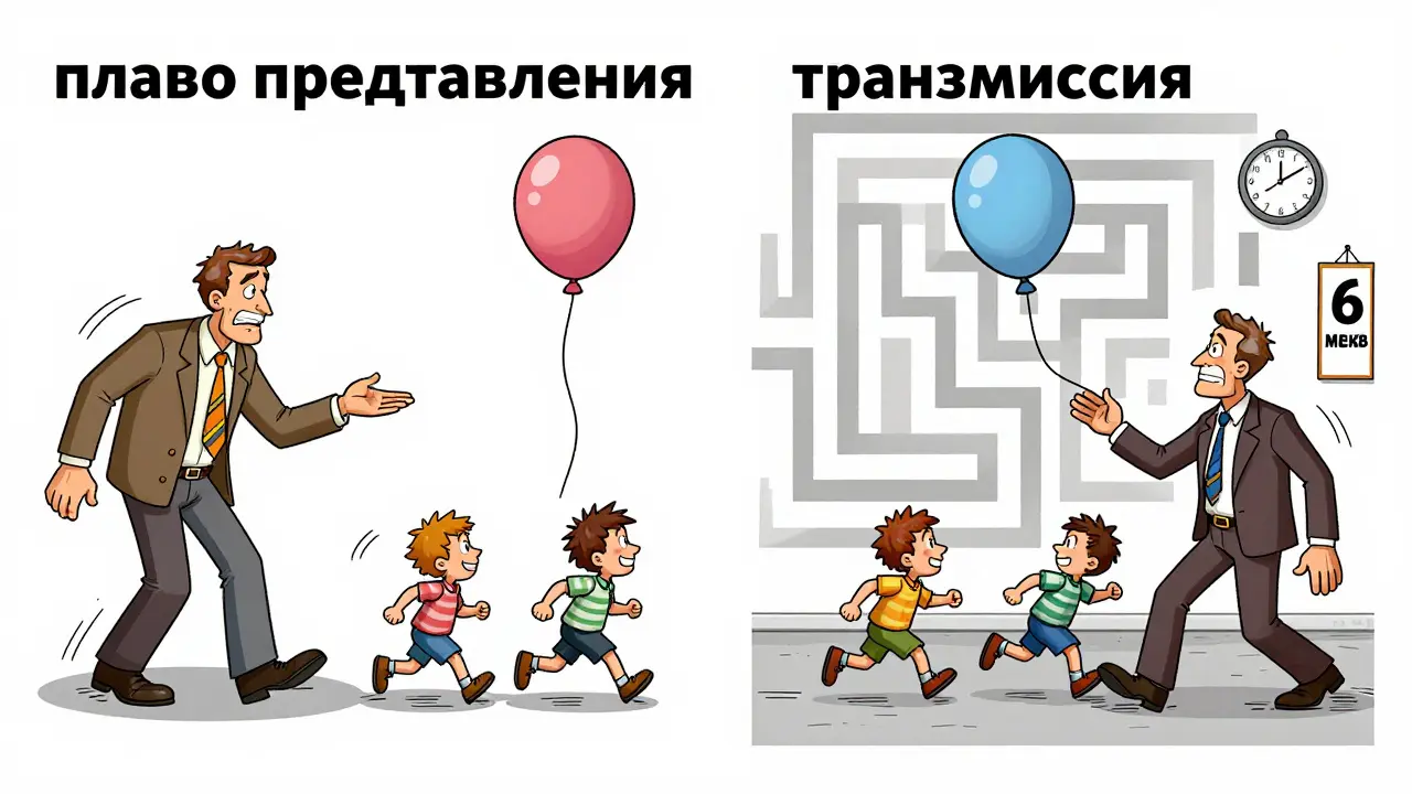 Два мультяшных сценария: слева — внуки наследуют вместо умершего отца, справа — дети гоняются за завещанием-шариком после смерти наследника.