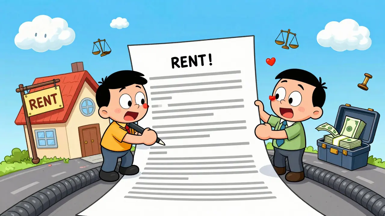 Две персонажа подписывают контракт, который превращается в мост между домом и деньгами, с юридическими символами в воздухе.